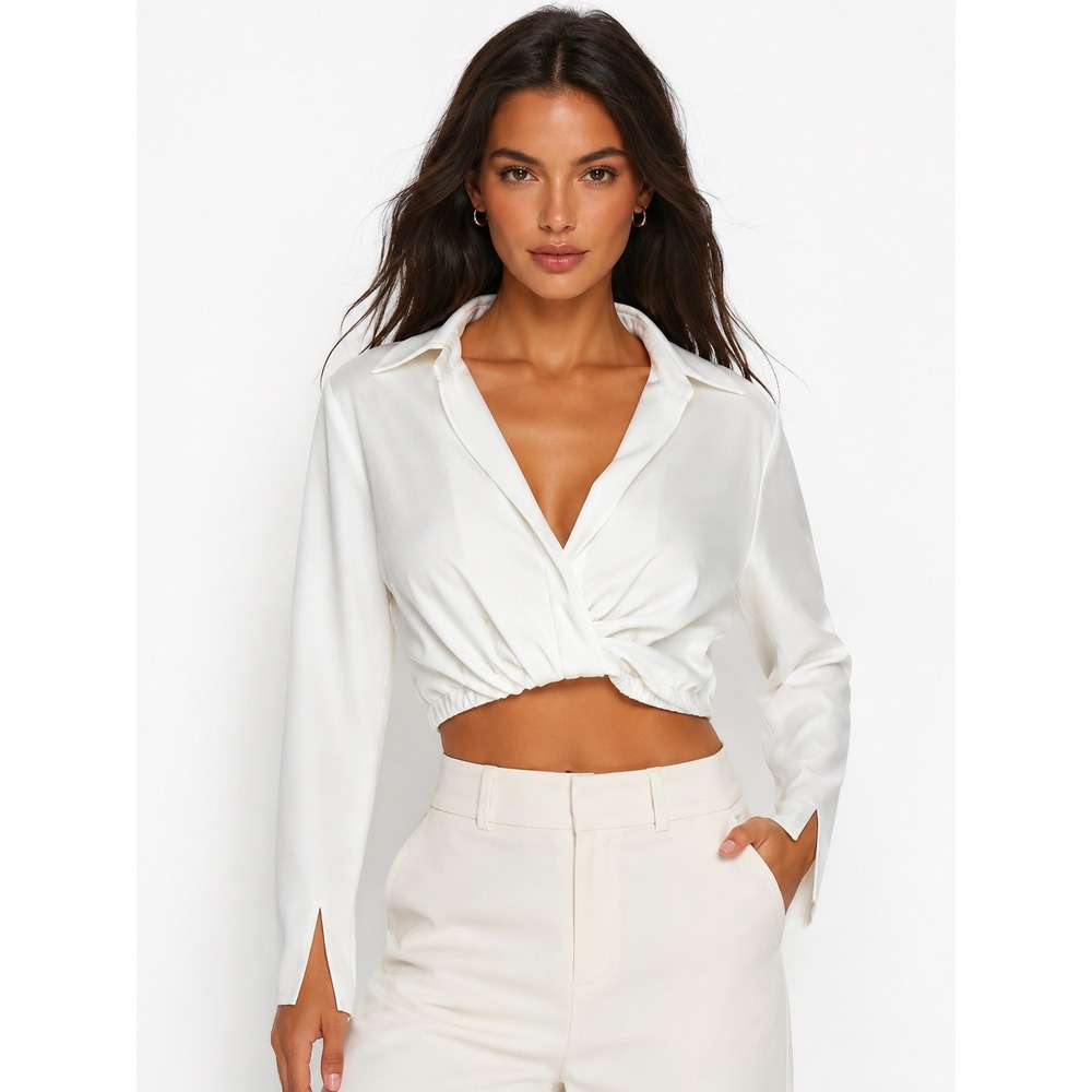 Zara White Twist Front‎ Cropped Blouse V-Neck Long Sleeve Top Small